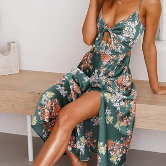 Dokoto Women's Summer Floral Print Spaghetti Strap Sundress V Neck Tie Front Max - Picture 2 of 6